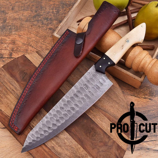 Pro Cut Hearth Steel - Damascus Steel Handmade Kitchen Chef Knife with Camel Bone Handle