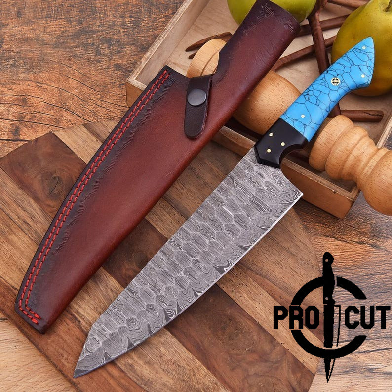 Pro Cut Hearth Steel - Damascus Steel Chef Knife With Turquoise Stone Handle