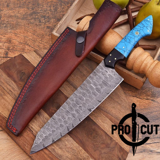 Pro Cut Hearth Steel - Damascus Steel Chef Knife With Turquoise Stone Handle