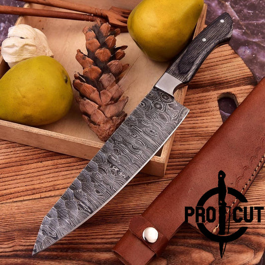 Pro Cut Hearth Steel - Hand Forged Damascus Steel Chef Knife with Black Ergonomic Handle