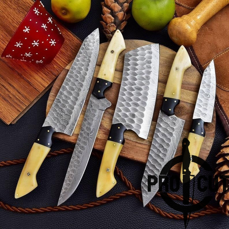 Pro Cut Forge Heart Damascus Steel Chef Set - Camel Bone Handle