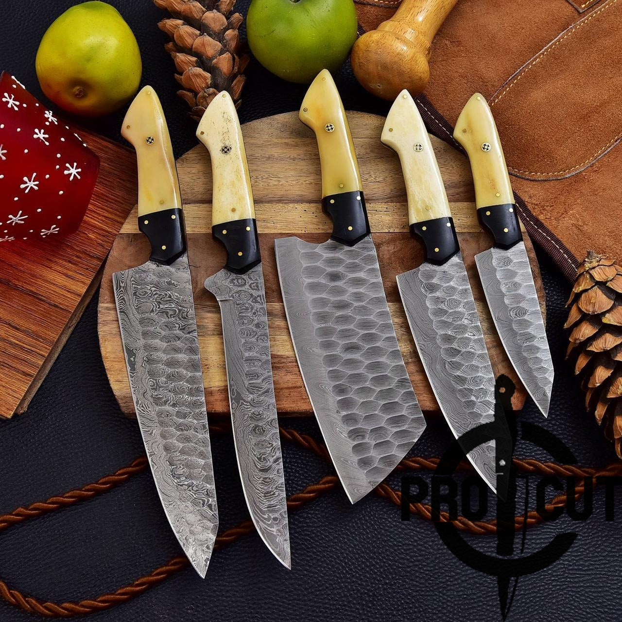 Pro Cut Forge Heart Damascus Steel Chef Set - Camel Bone Handle