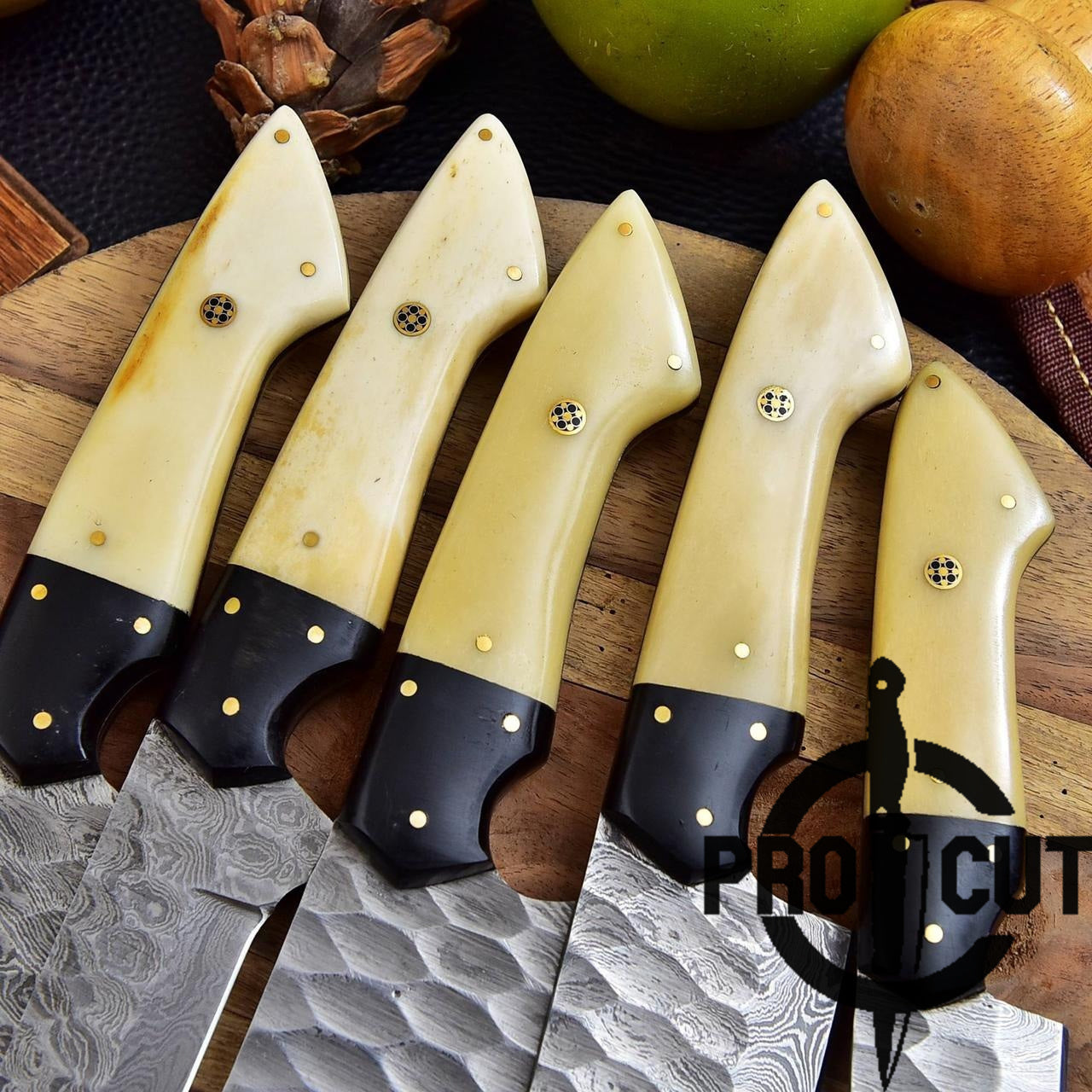 Pro Cut Forge Heart Damascus Steel Chef Set - Camel Bone Handle