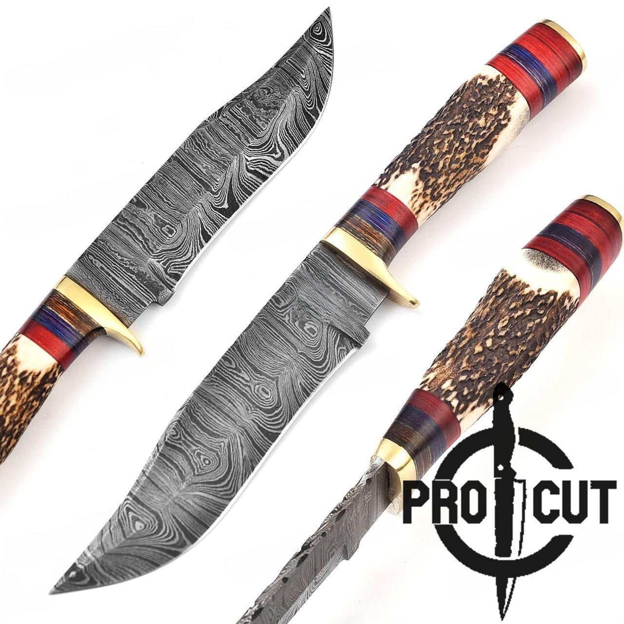 Hand Forged Damascus Steel Hunting Knfie with Stag Antler Handle 