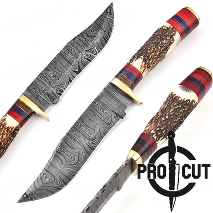 Hand Forged Damascus Steel Hunting Knfie with Stag Antler Handle 