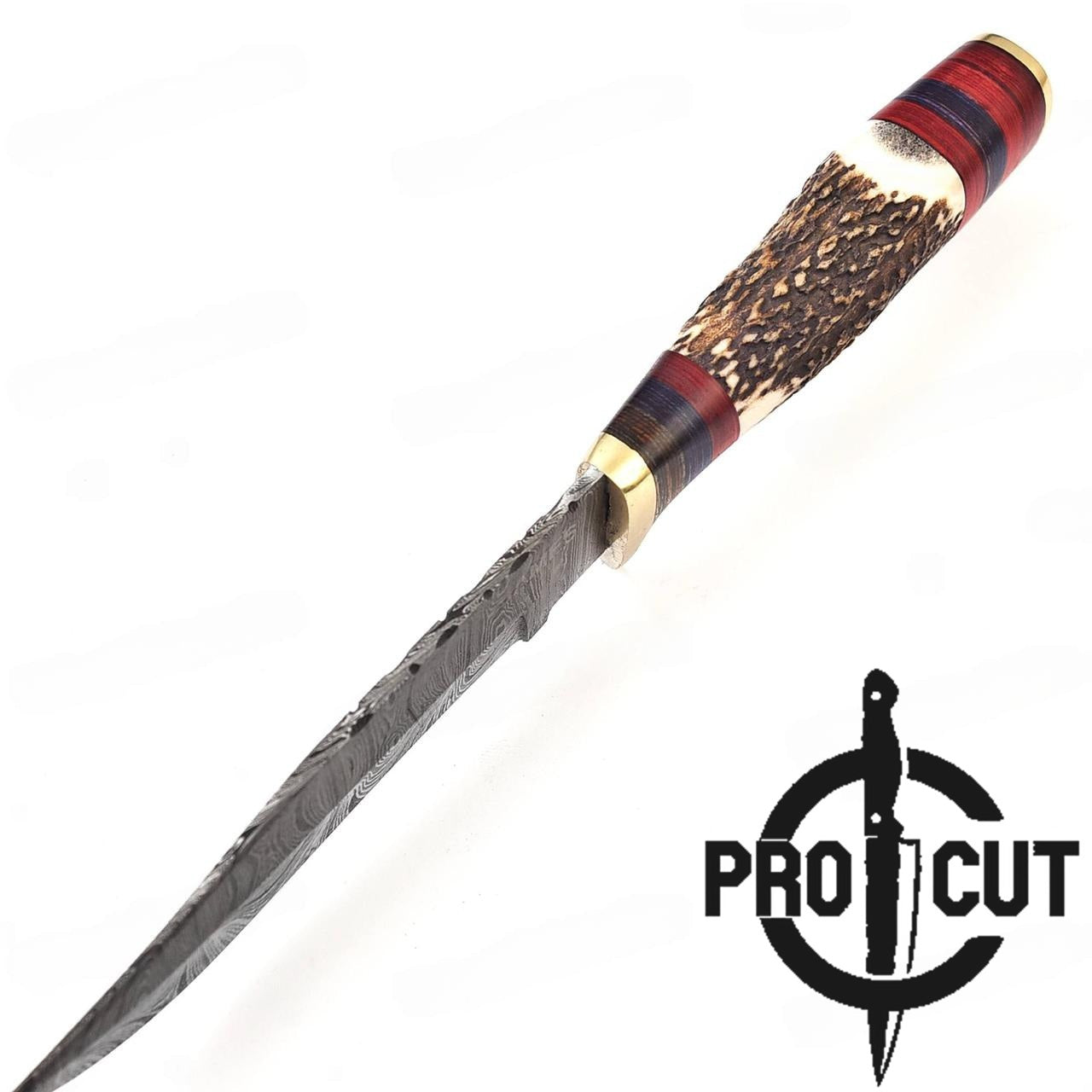 Pro Cut 10" Handmade Damascus Steel Hunting Knife with Stag Antler Handle , Stag Horn Camping Knife