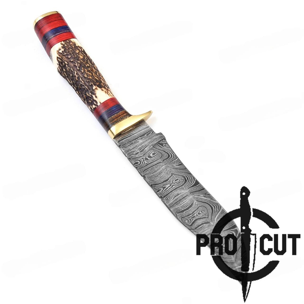 Pro Cut 10" Handmade Damascus Steel Hunting Knife with Stag Antler Handle , Stag Horn Camping Knife