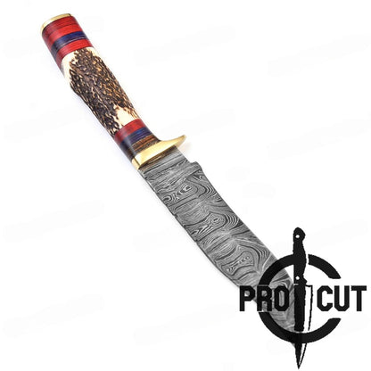 Pro Cut 10" Handmade Damascus Steel Hunting Knife with Stag Antler Handle , Stag Horn Camping Knife