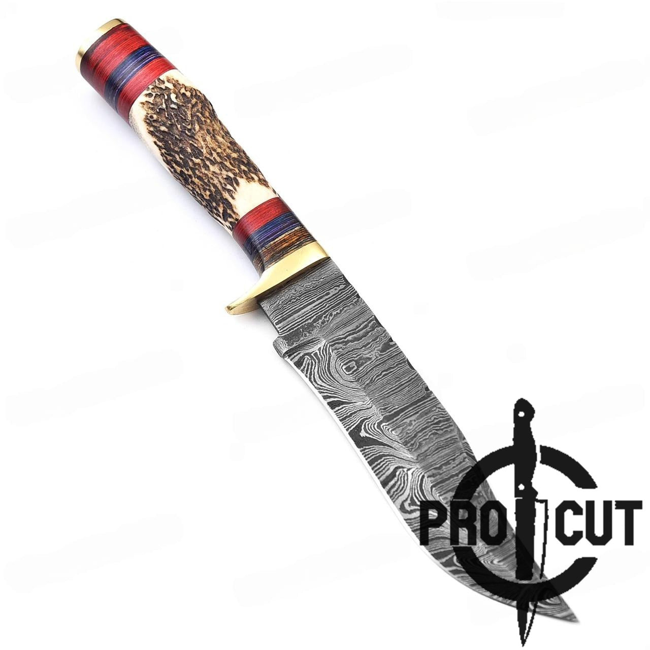 Pro Cut 10" Handmade Damascus Steel Hunting Knife with Stag Antler Handle , Stag Horn Camping Knife