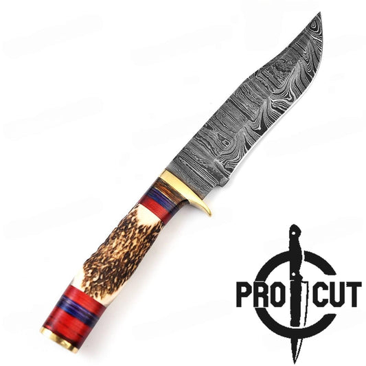Pro Cut 10" Handmade Damascus Steel Hunting Knife with Stag Antler Handle , Stag Horn Camping Knife