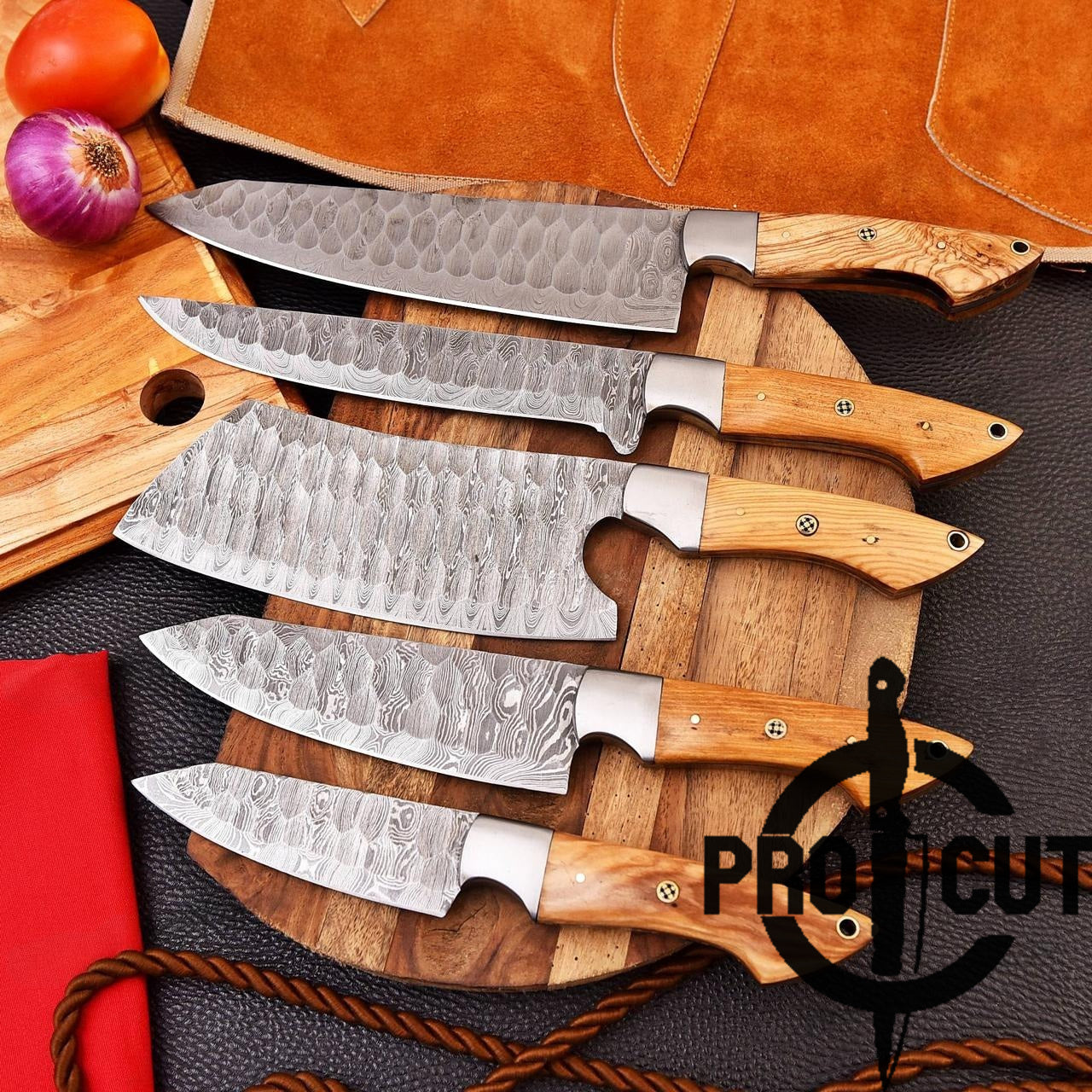 Pro Cut Forge Heart Damascus Steel Chef Set - Olive Wood Handle