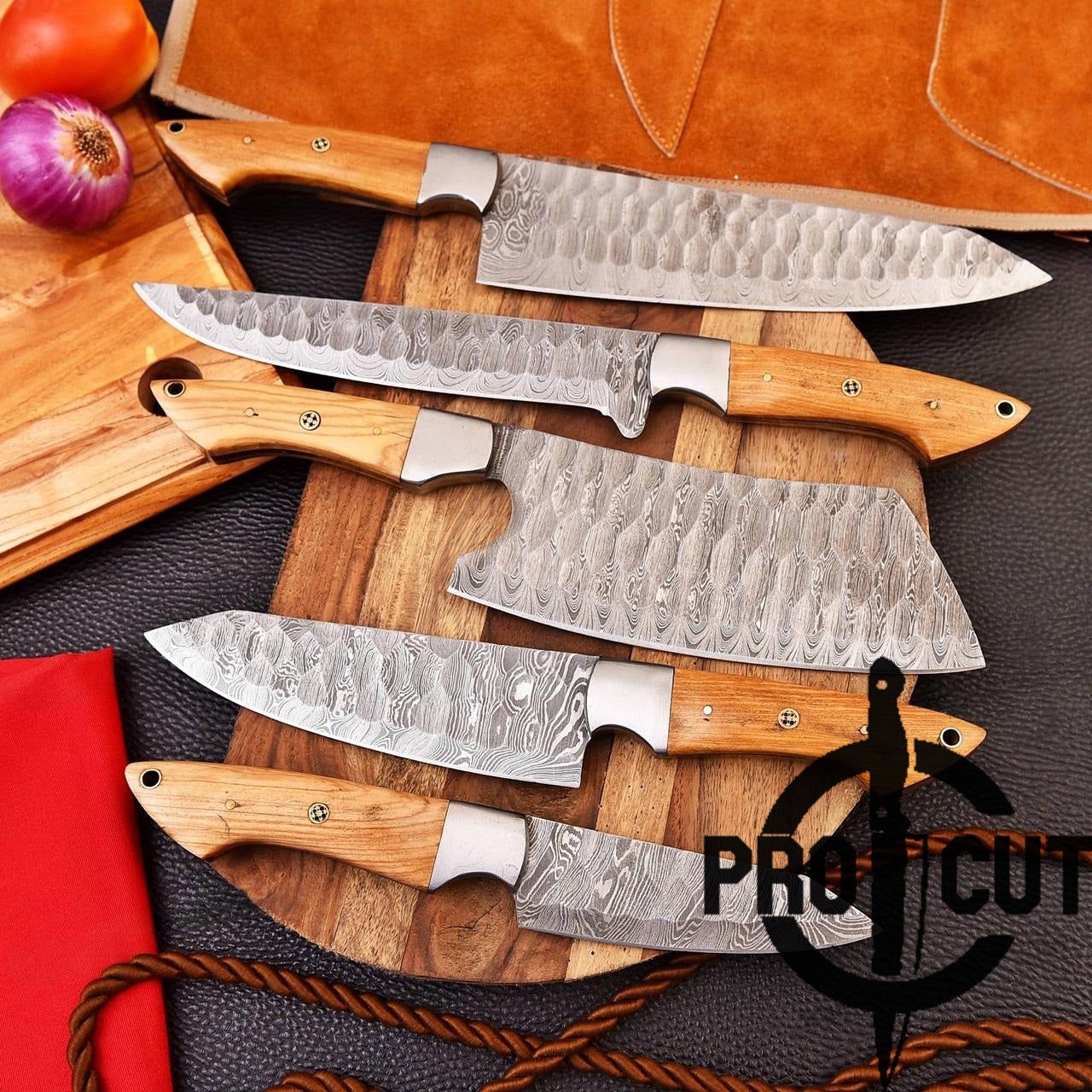 Pro Cut Forge Heart Damascus Steel Chef Set - Olive Wood Handle