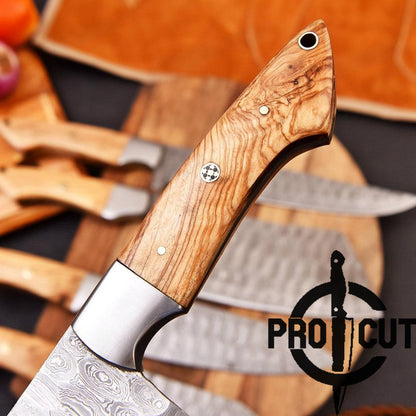 Pro Cut Forge Heart Damascus Steel Chef Set - Olive Wood Handle