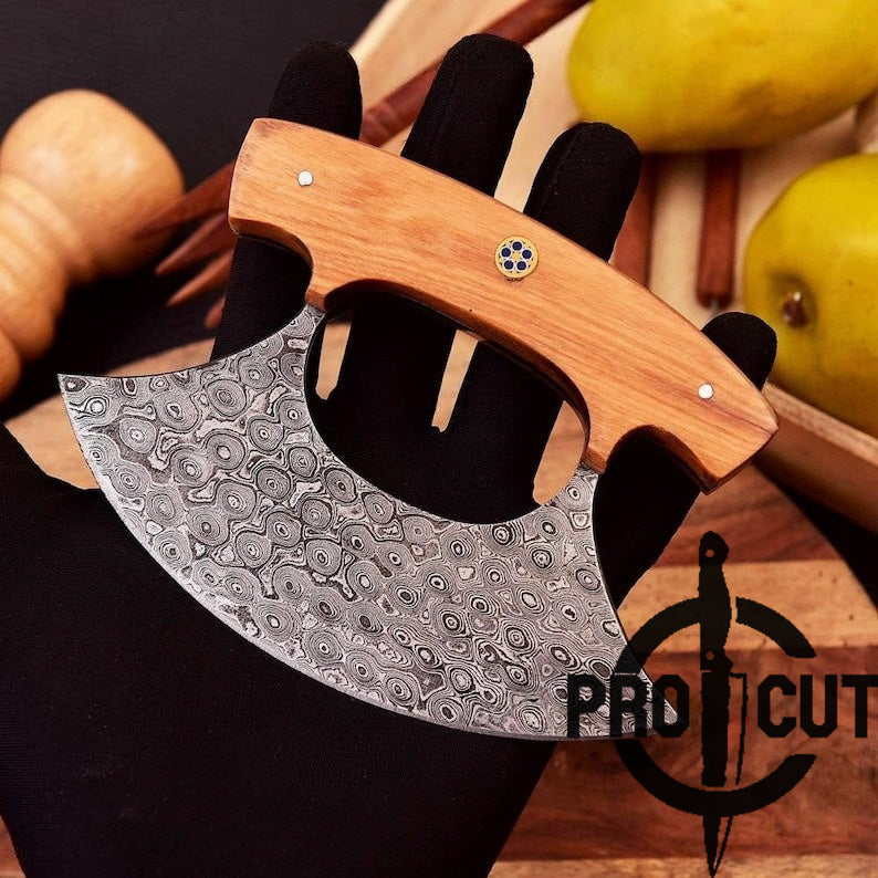 Pro Cut Shadow Wave - Hand Forged Damascus Steel Ulu Kitchen Knife with Rosewood Handle