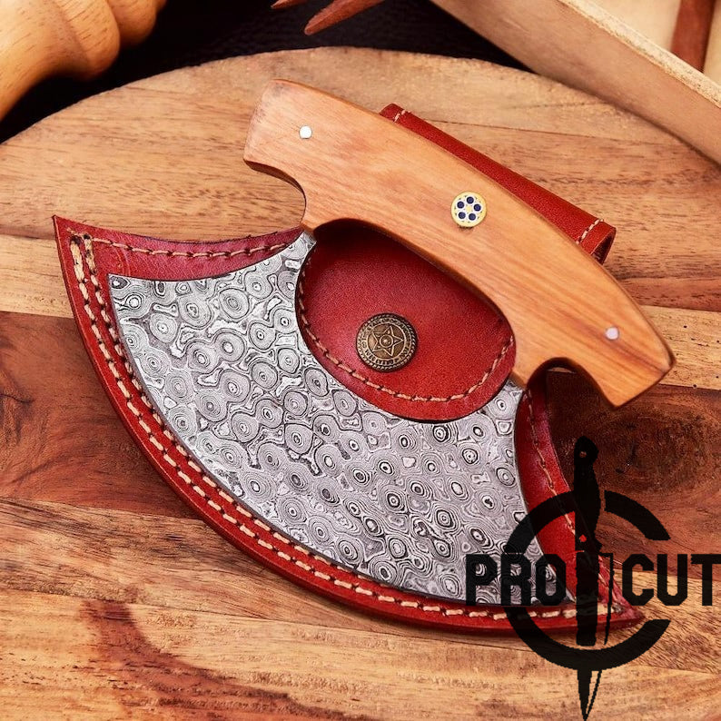 Pro Cut Shadow Wave - Hand Forged Damascus Steel Ulu Kitchen Knife with Rosewood Handle