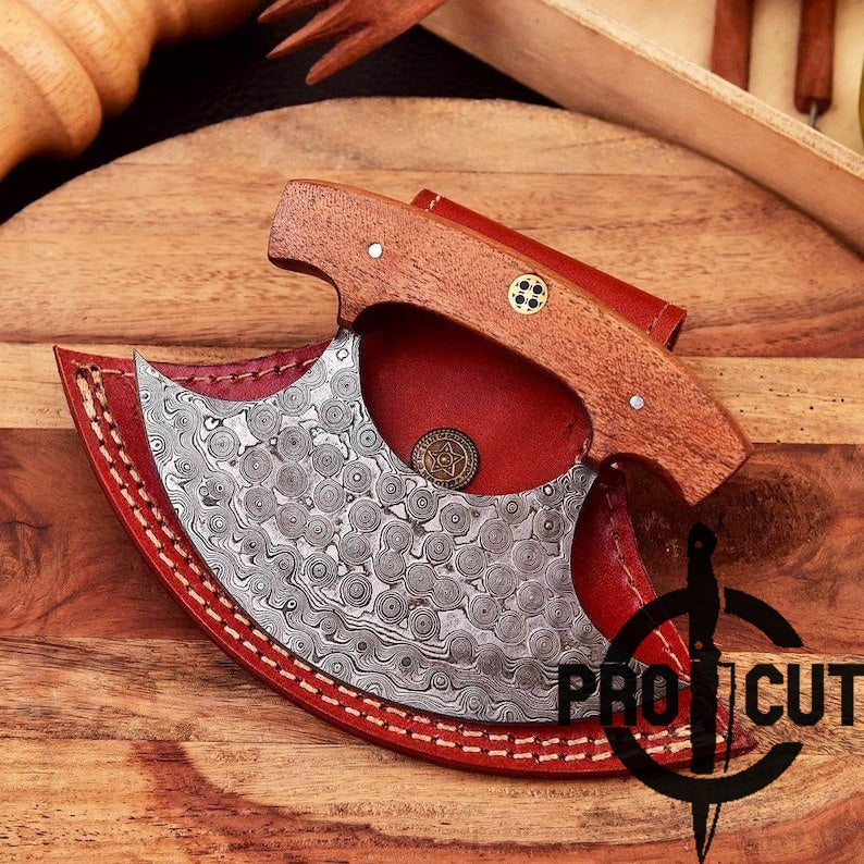 Pro Cut Shadow Wave - Hand Forged Damascus Steel Ulu Kitchen Knife with Rosewood Handle