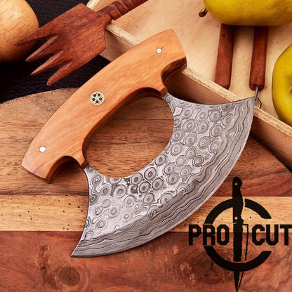 Pro Cut Shadow Wave - Hand Forged Damascus Steel Ulu Kitchen Knife with Rosewood Handle