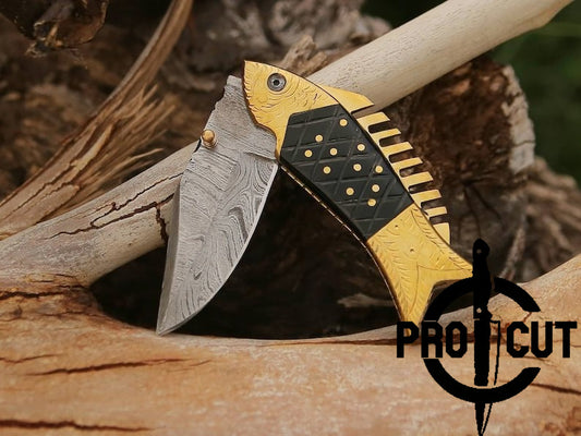 Pro Cut Trout Cutter - Hand Engraved Fish Pocket Folding Damascus Knife | Best Knife Gift for Anniversary & Birthday