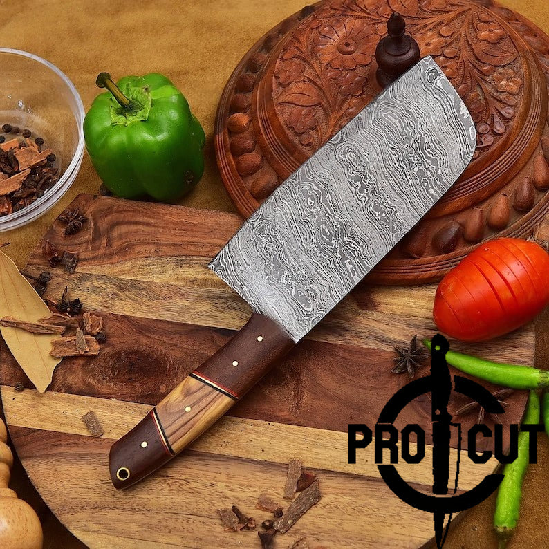 Pro Cut Hand Forged Authentic Damascus Steel Cleaver Kitchen Knife, Damascus Cleaver Knives Heavy Duty