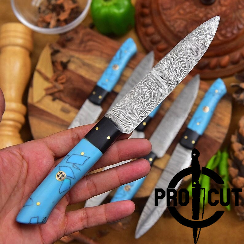 Pro Cut Hammered Forge - 6 Pcs Damascus Steel Full Tang Culinary Steak BBQ Knives Set