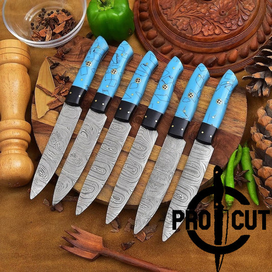 Pro Cut Hammered Forge - 6 Pcs Damascus Steel Full Tang Culinary Steak BBQ Knives Set