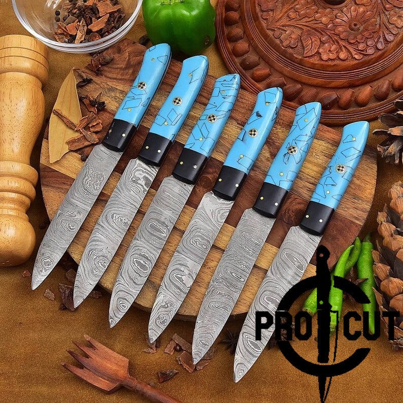 Pro Cut Hammered Forge - 6 Pcs Damascus Steel Full Tang Culinary Steak BBQ Knives Set