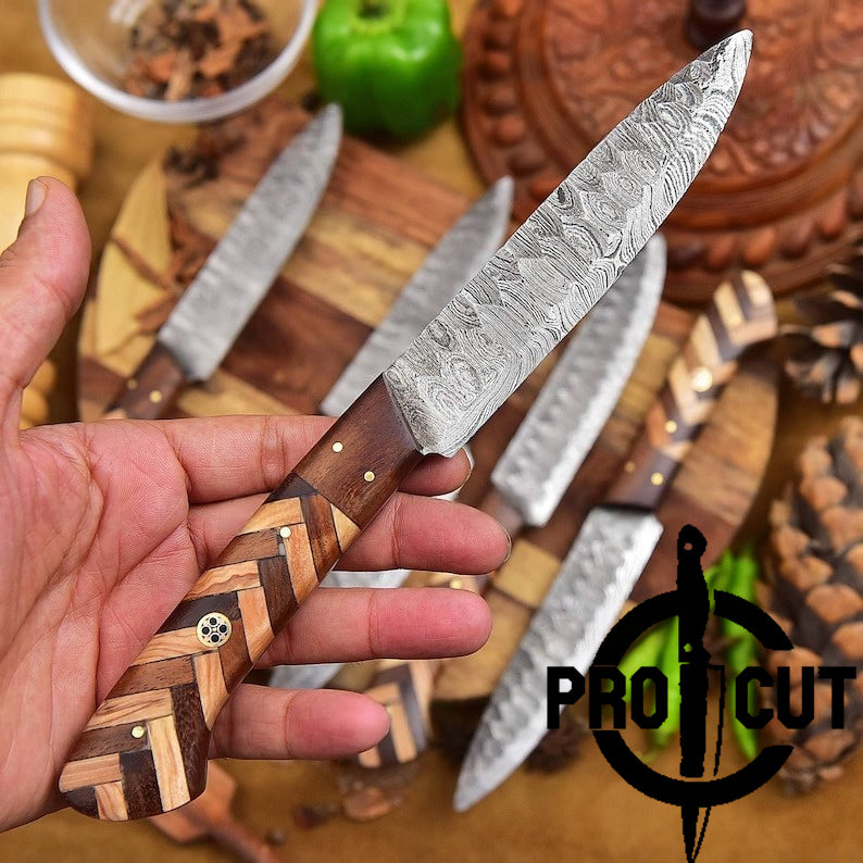 Pro Cut Hammered Forge - Hand Forged Damascus Steel BBQ Culinary Steak Knives Set | Thanksgiving Gift