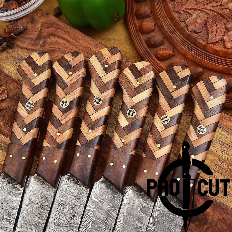 Pro Cut Hammered Forge - Hand Forged Damascus Steel BBQ Culinary Steak Knives Set | Thanksgiving Gift