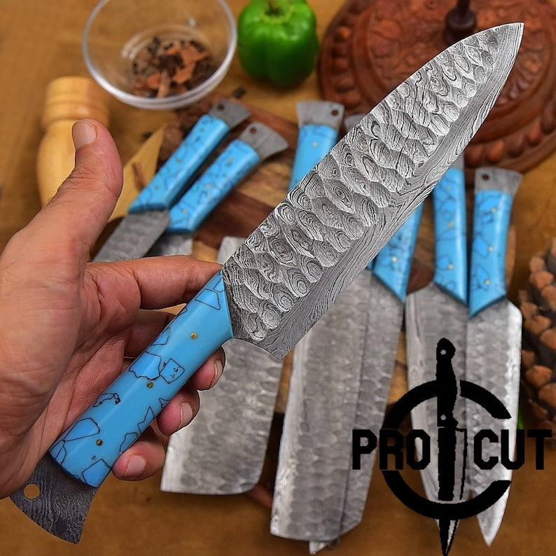 Pro Cut Damascus Empror - 8 Pcs Premium Handmade Damascus Steel Full Tang Kitchen Chef Set