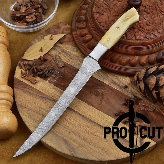 Pro Cut Hand Forged Damascus Steel Fillet Knife with Camel Bone Handle