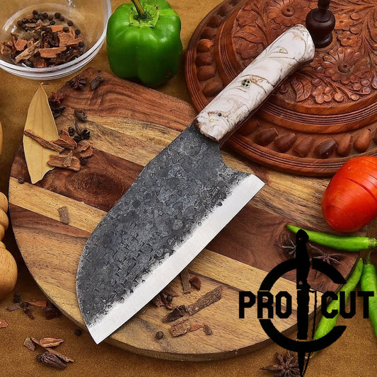 Pro Cut Hand Forged Stainless Steel Serbian Cleaver Knife with Epoxy Resin Handle - Heavy Duty Meat Chopping Knife