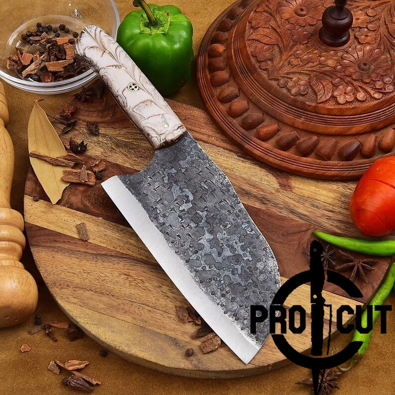 Pro Cut Hand Forged Stainless Steel Serbian Cleaver Knife with Epoxy Resin Handle - Heavy Duty Meat Chopping Knife