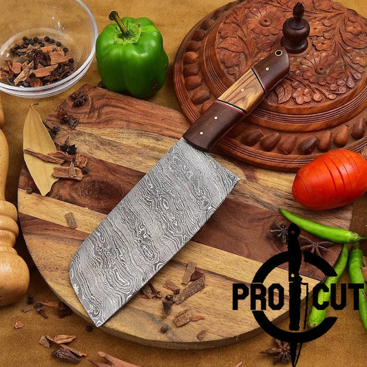Pro Cut Hand Forged Authentic Damascus Steel Cleaver Kitchen Knife, Damascus Cleaver Knives Heavy Duty