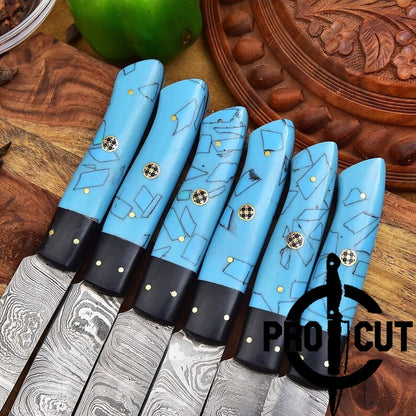 Pro Cut Hammered Forge - 6 Pcs Damascus Steel Full Tang Culinary Steak BBQ Knives Set