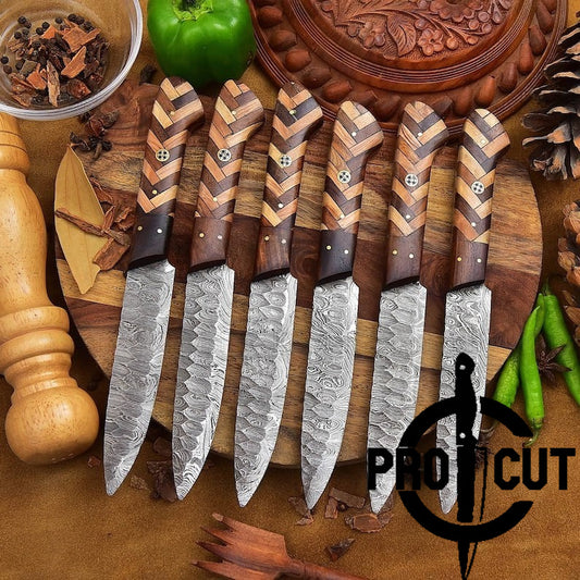 Pro Cut Hammered Forge - Hand Forged Damascus Steel BBQ Culinary Steak Knives Set | Thanksgiving Gift