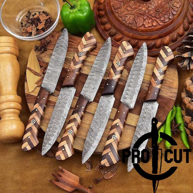 Pro Cut Hammered Forge - Hand Forged Damascus Steel BBQ Culinary Steak Knives Set | Thanksgiving Gift
