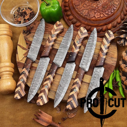 Pro Cut Hammered Forge - Hand Forged Damascus Steel BBQ Culinary Steak Knives Set | Thanksgiving Gift