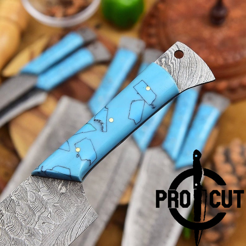 Pro Cut Damascus Empror - 8 Pcs Premium Handmade Damascus Steel Full Tang Kitchen Chef Set