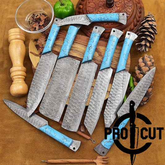 Pro Cut Damascus Empror - 8 Pcs Premium Handmade Damascus Steel Full Tang Kitchen Chef Set