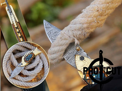 Pro Cut Trout Cutter - Handmade Damascus Pocket Knife Fish Folding knife Gift for men, Women on Birthday, Wedding Anniversary Gift for Husband