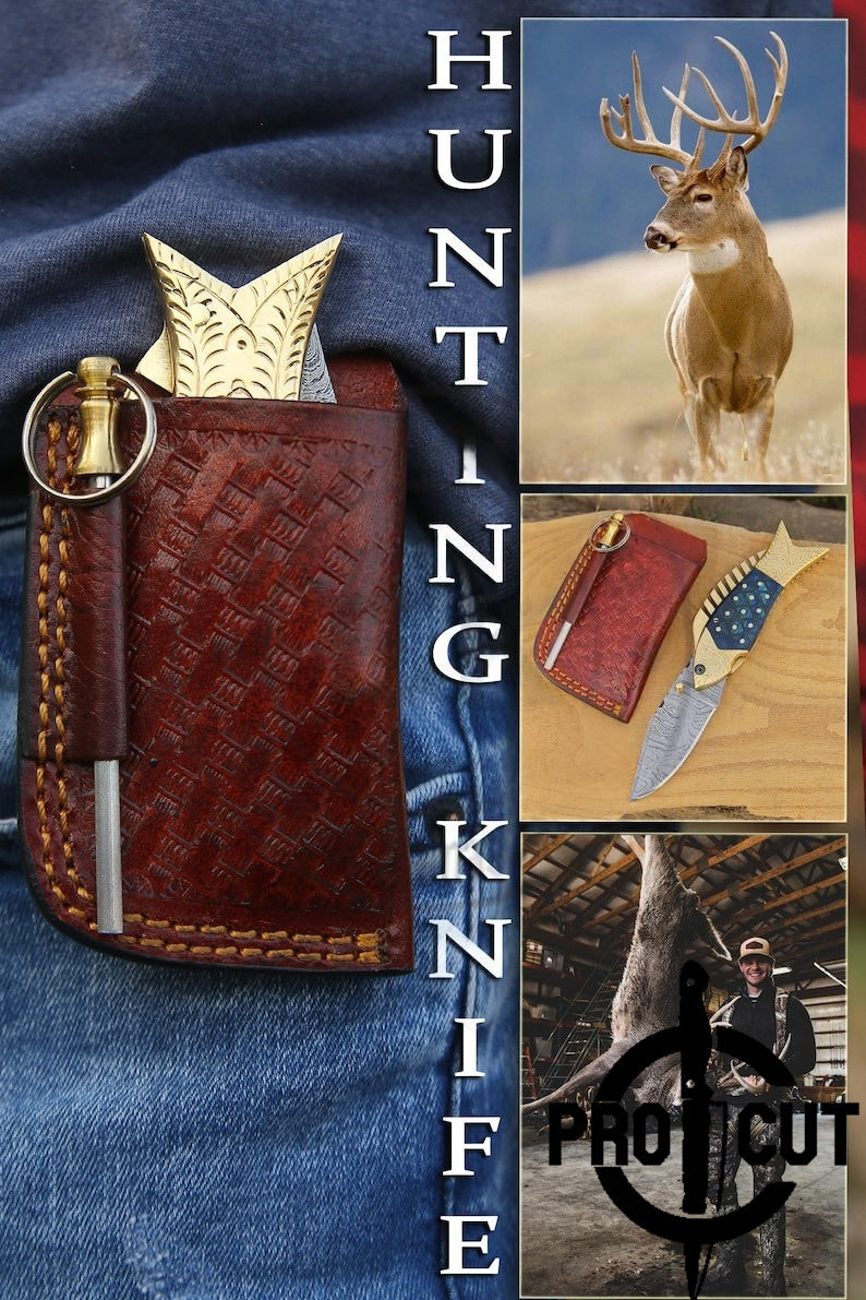 Pro Cut Trout Cutter - Damacus Steel Hand Engraved EDC Pocket folding Fish Knife With Leather Pouch