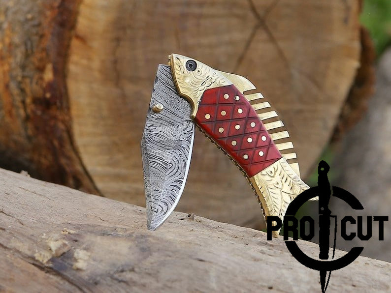 Pro Cut Trout Cutter -Handmade Fish Pocket Knife Damascus Folding Knife Red Handle Special Gift for Any Occasion