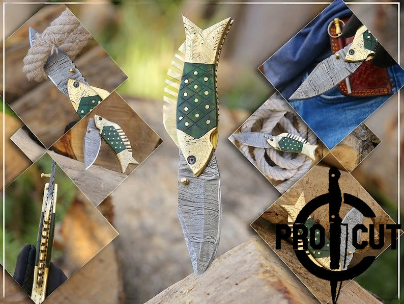 Pro Cut Trout Cutter - Damascus Steel Foldable EDC Pocket Knife With Hand Engraved Brass Handle