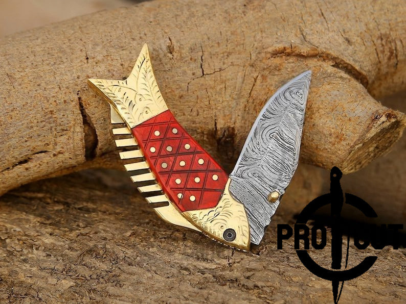 Pro Cut Trout Cutter - Damascus Steel Fish Folding EDC Pocket Knife with Red Wood Handle