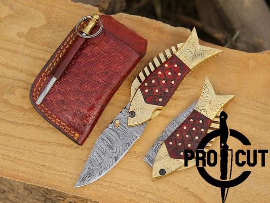 Pro Cut Trout Cutter -Handmade Fish Pocket Knife Damascus Folding Knife Red Handle Special Gift for Any Occasion