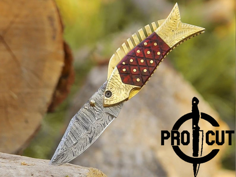 Pro Cut Trout Cutter -Handmade Fish Pocket Knife Damascus Folding Knife Red Handle Special Gift for Any Occasion