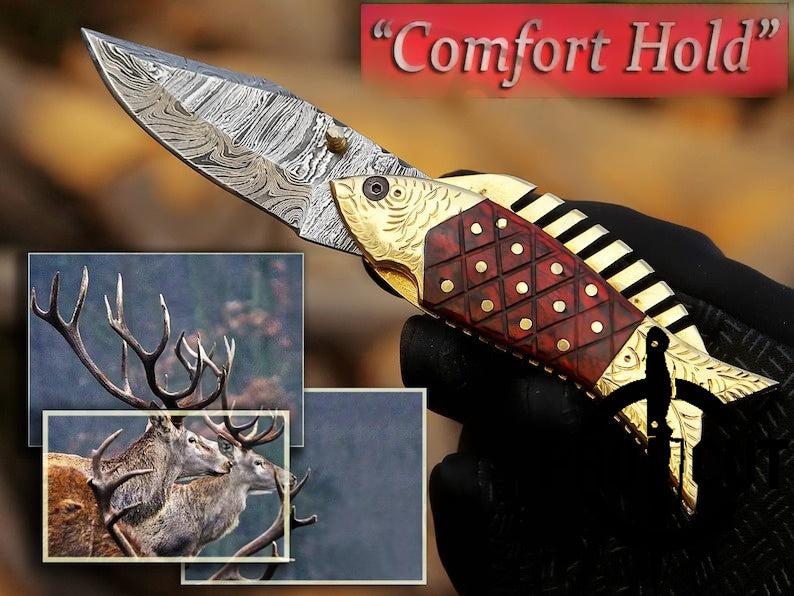 Pro Cut Trout Cutter -Handmade Fish Pocket Knife Damascus Folding Knife Red Handle Special Gift for Any Occasion