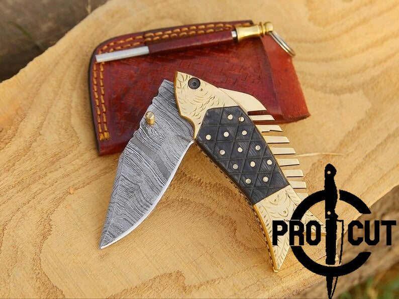 Pro Cut Trout Cutter - Hand Engraved Damascus Steel Fish Folding Pocket Knife , Best Knife Gift for Fishermen