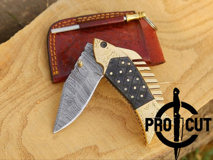 Pro Cut Trout Cutter - Hand Engraved Damascus Steel Fish Folding Pocket Knife , Best Knife Gift for Fishermen