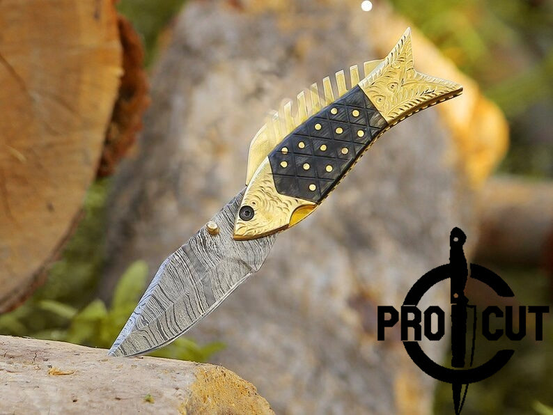 Pro Cut Trout Cutter - Hand Engraved Damascus Steel Fish Folding Pocket Knife , Best Knife Gift for Fishermen